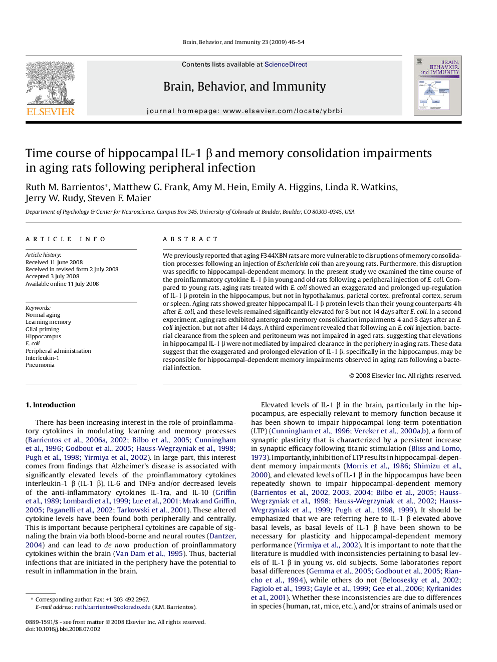 Time course of hippocampal IL-1 β and memory consolidation impairments in aging rats following peripheral infection