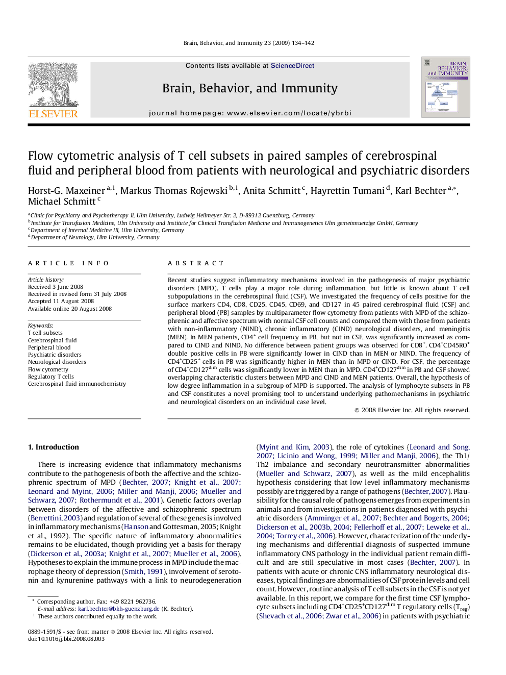 Flow cytometric analysis of T cell subsets in paired samples of cerebrospinal fluid and peripheral blood from patients with neurological and psychiatric disorders