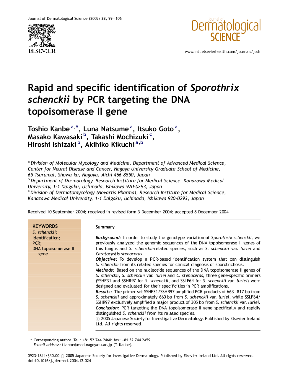 Rapid and specific identification of Sporothrix schenckii by PCR targeting the DNA topoisomerase II gene