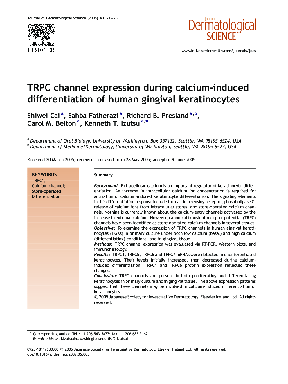 TRPC channel expression during calcium-induced differentiation of human gingival keratinocytes