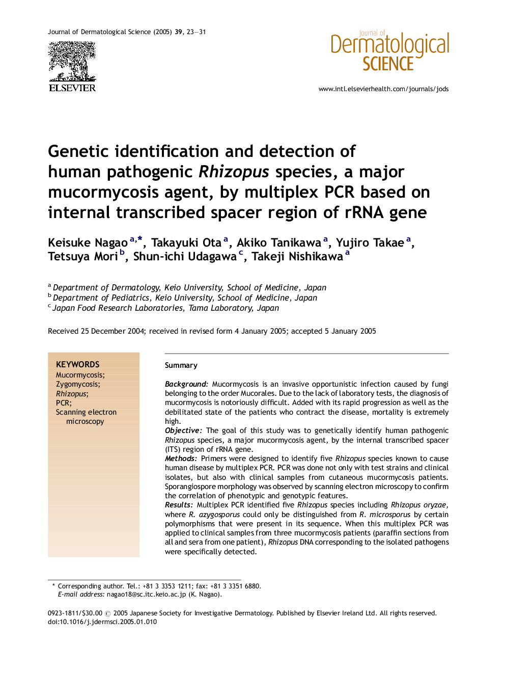 Genetic identification and detection of human pathogenic Rhizopus species, a major mucormycosis agent, by multiplex PCR based on internal transcribed spacer region of rRNA gene