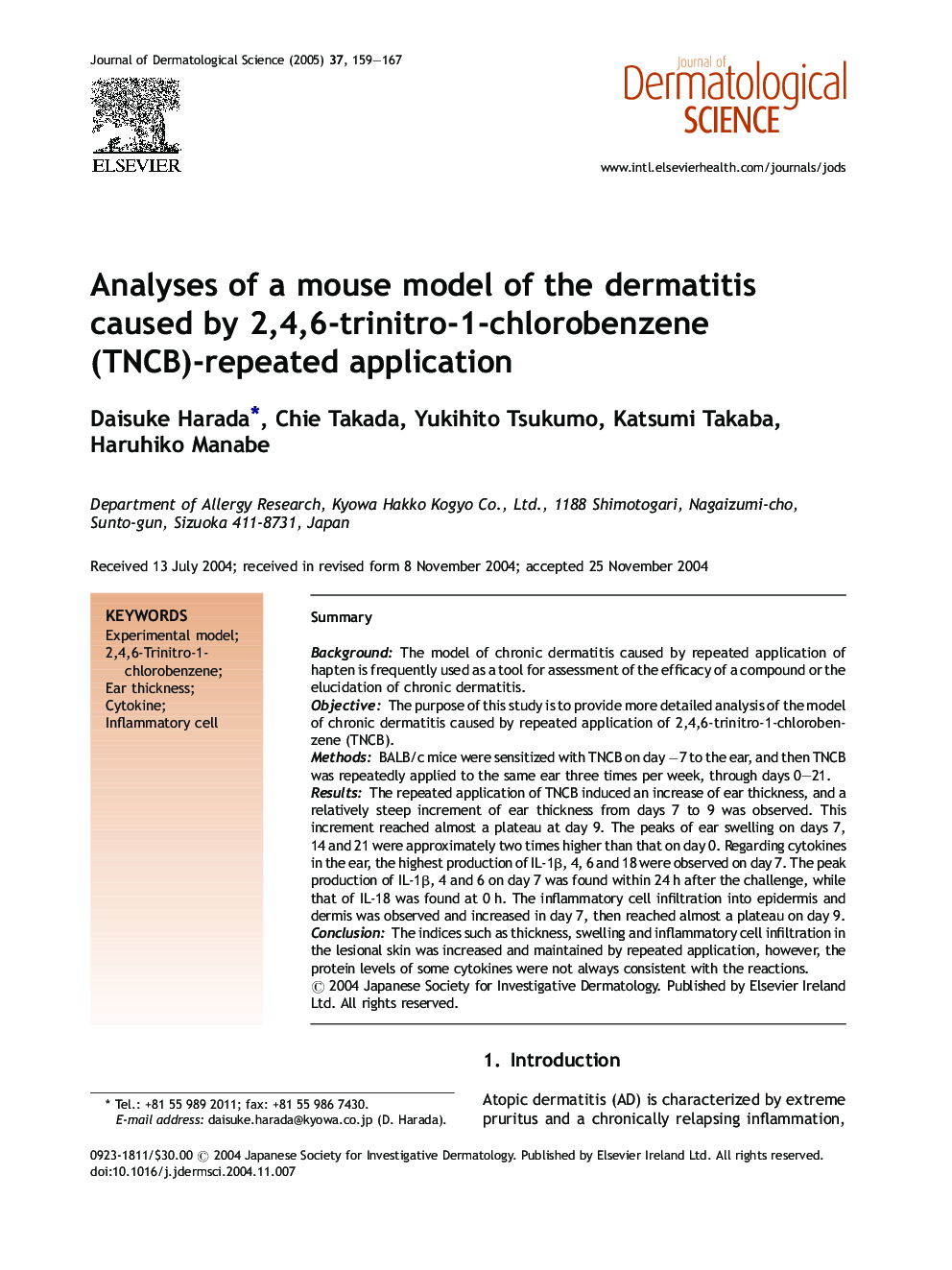 Analyses of a mouse model of the dermatitis caused by 2,4,6-trinitro-1-chlorobenzene (TNCB)-repeated application