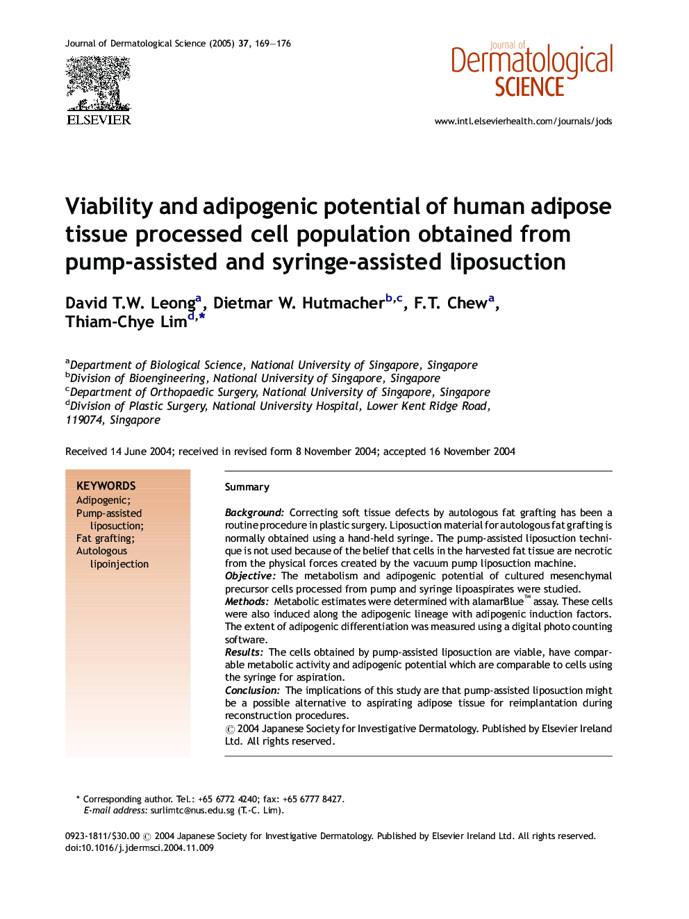 Viability and adipogenic potential of human adipose tissue processed cell population obtained from pump-assisted and syringe-assisted liposuction