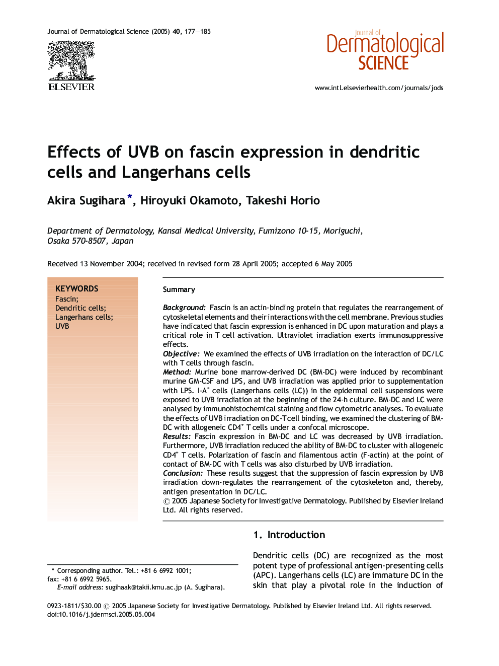 Effects of UVB on fascin expression in dendritic cells and Langerhans cells