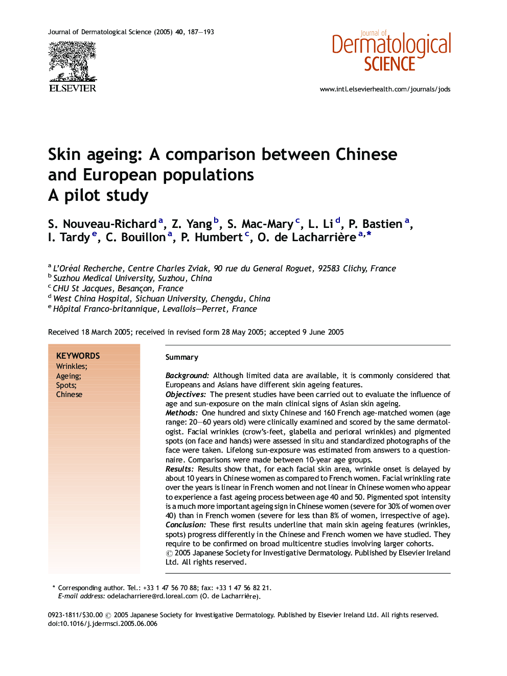 Skin ageing: A comparison between Chinese and European populations
