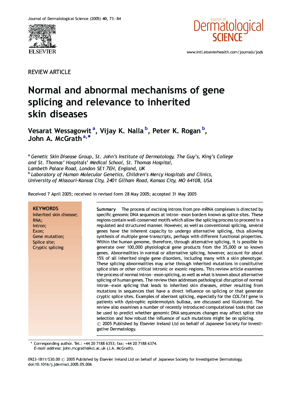 Normal and abnormal mechanisms of gene splicing and relevance to inherited skin diseases