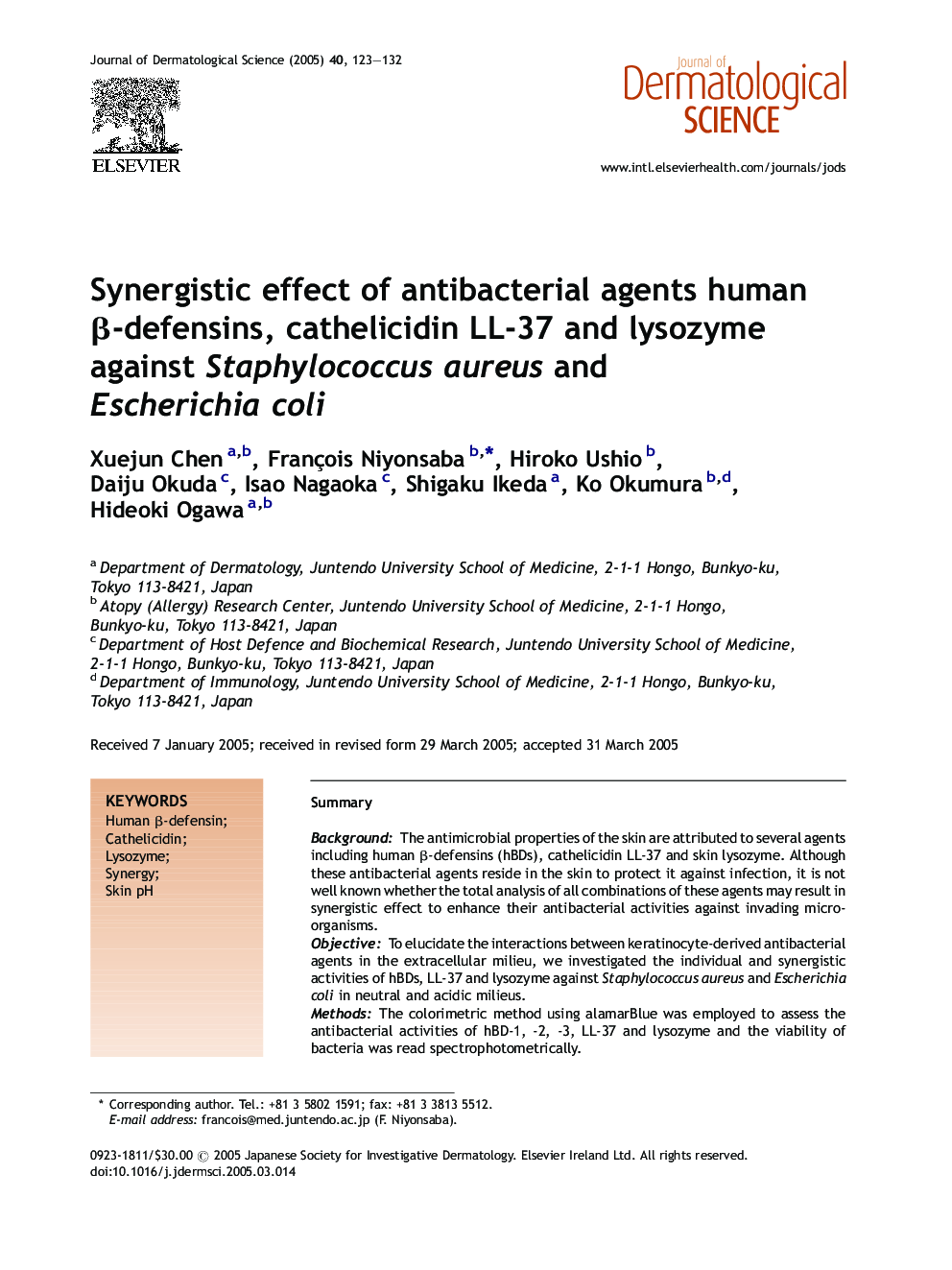 Synergistic effect of antibacterial agents human Î²-defensins, cathelicidin LL-37 and lysozyme against Staphylococcus aureus and Escherichia coli