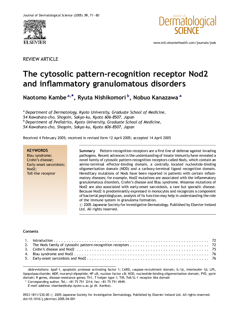 The cytosolic pattern-recognition receptor Nod2 and inflammatory granulomatous disorders