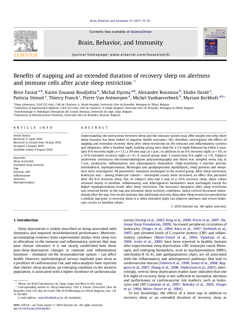 Benefits of napping and an extended duration of recovery sleep on alertness and immune cells after acute sleep restriction 