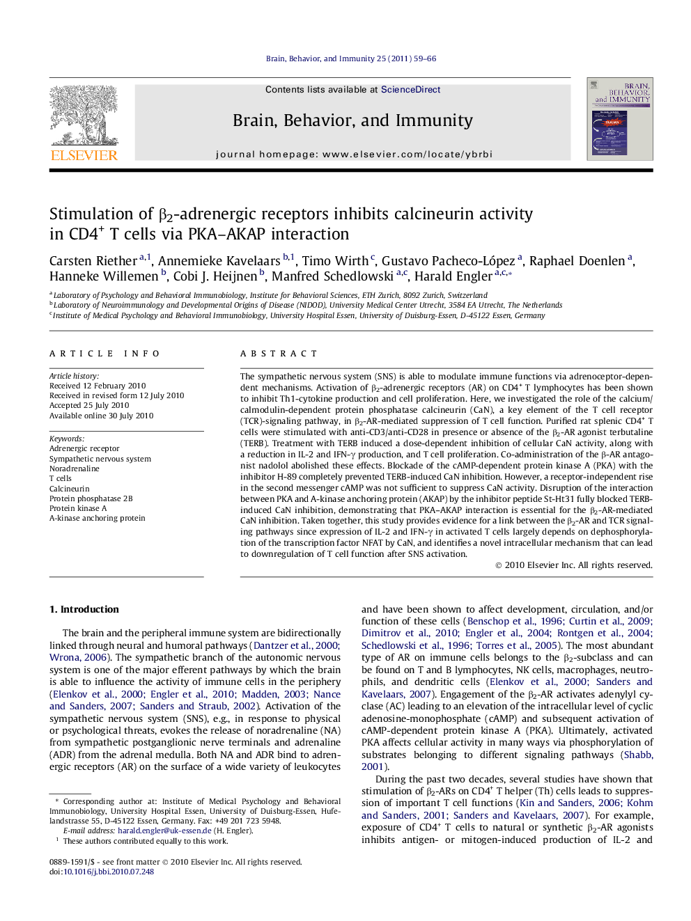 Stimulation of β2-adrenergic receptors inhibits calcineurin activity in CD4+ T cells via PKA–AKAP interaction