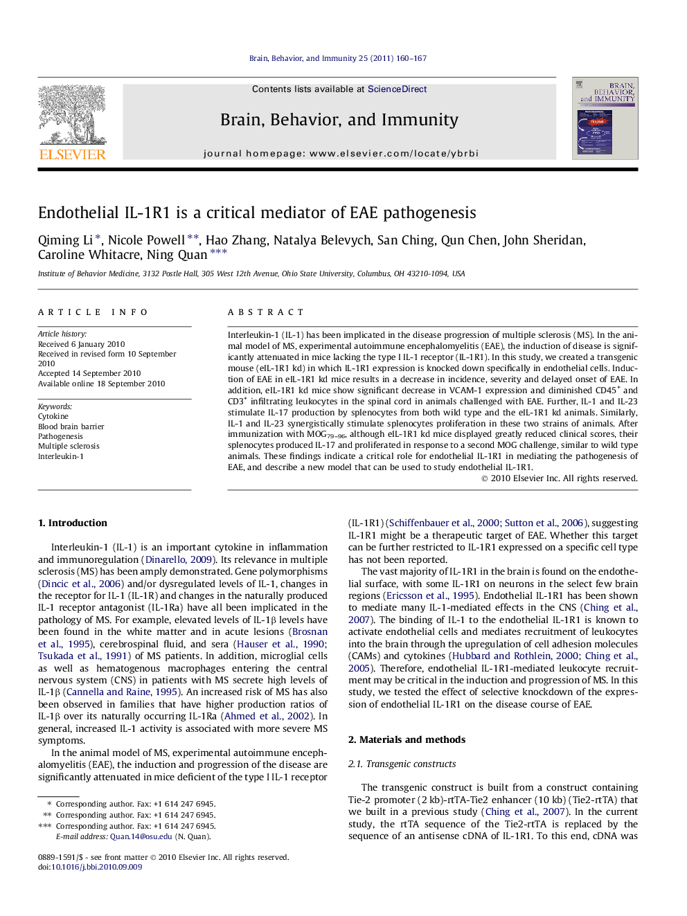 Endothelial IL-1R1 is a critical mediator of EAE pathogenesis