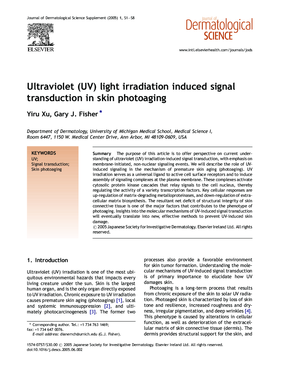 Ultraviolet (UV) light irradiation induced signal transduction in skin photoaging