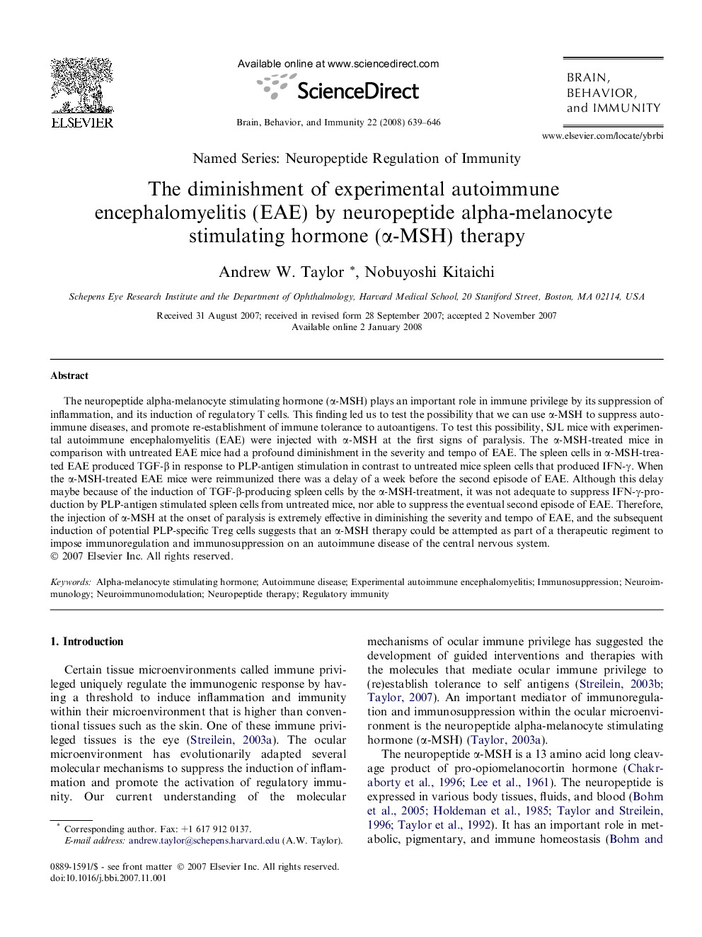 The diminishment of experimental autoimmune encephalomyelitis (EAE) by neuropeptide alpha-melanocyte stimulating hormone (α-MSH) therapy