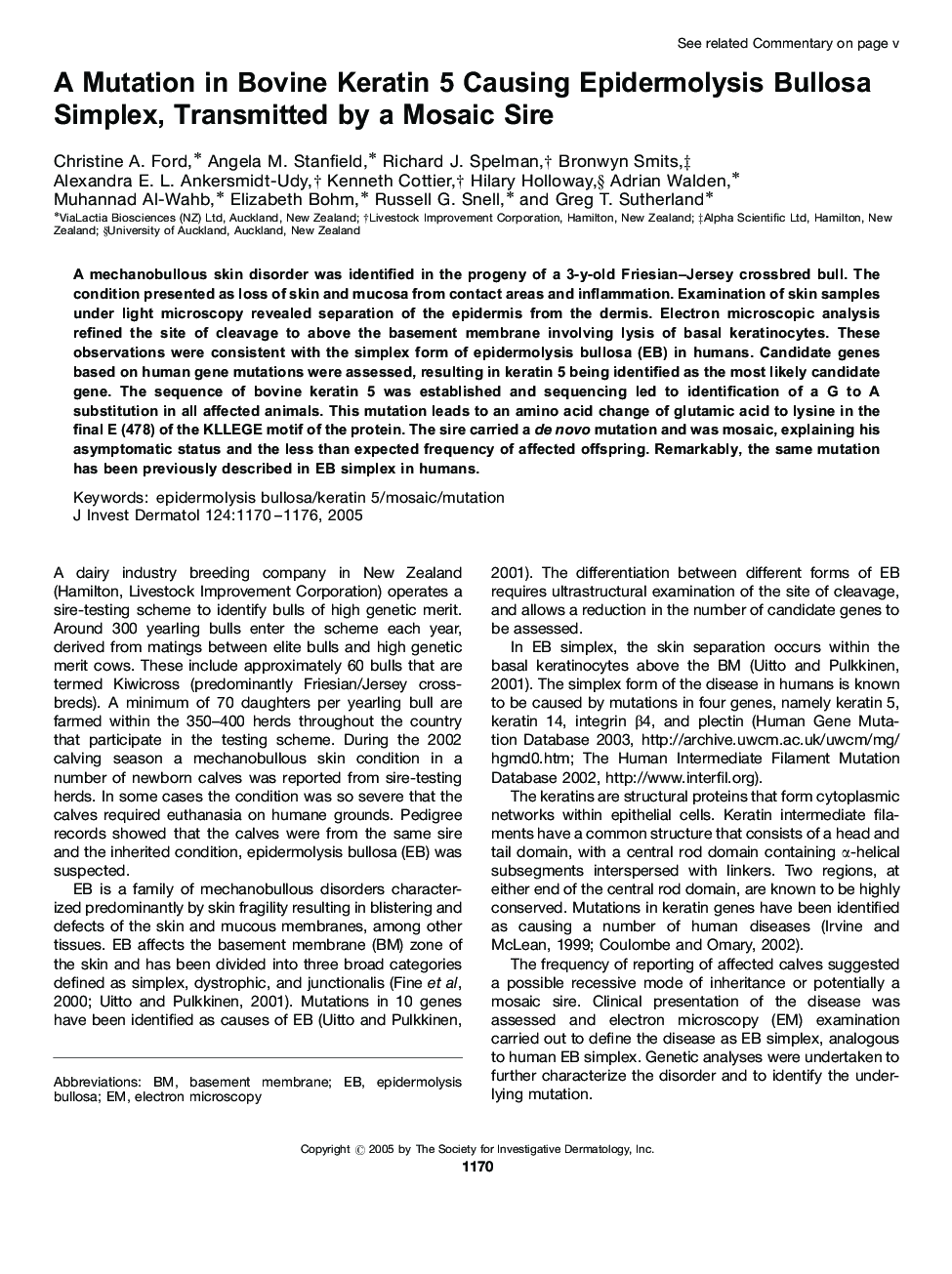 A Mutation in Bovine Keratin 5 Causing Epidermolysis Bullosa Simplex, Transmitted by a Mosaic Sire