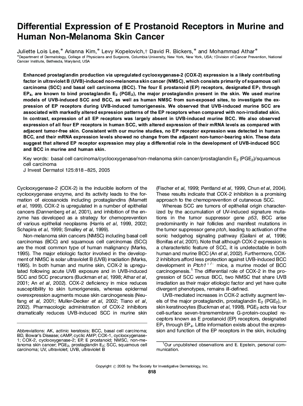 Differential Expression of E Prostanoid Receptors in Murine and Human Non-Melanoma Skin Cancer