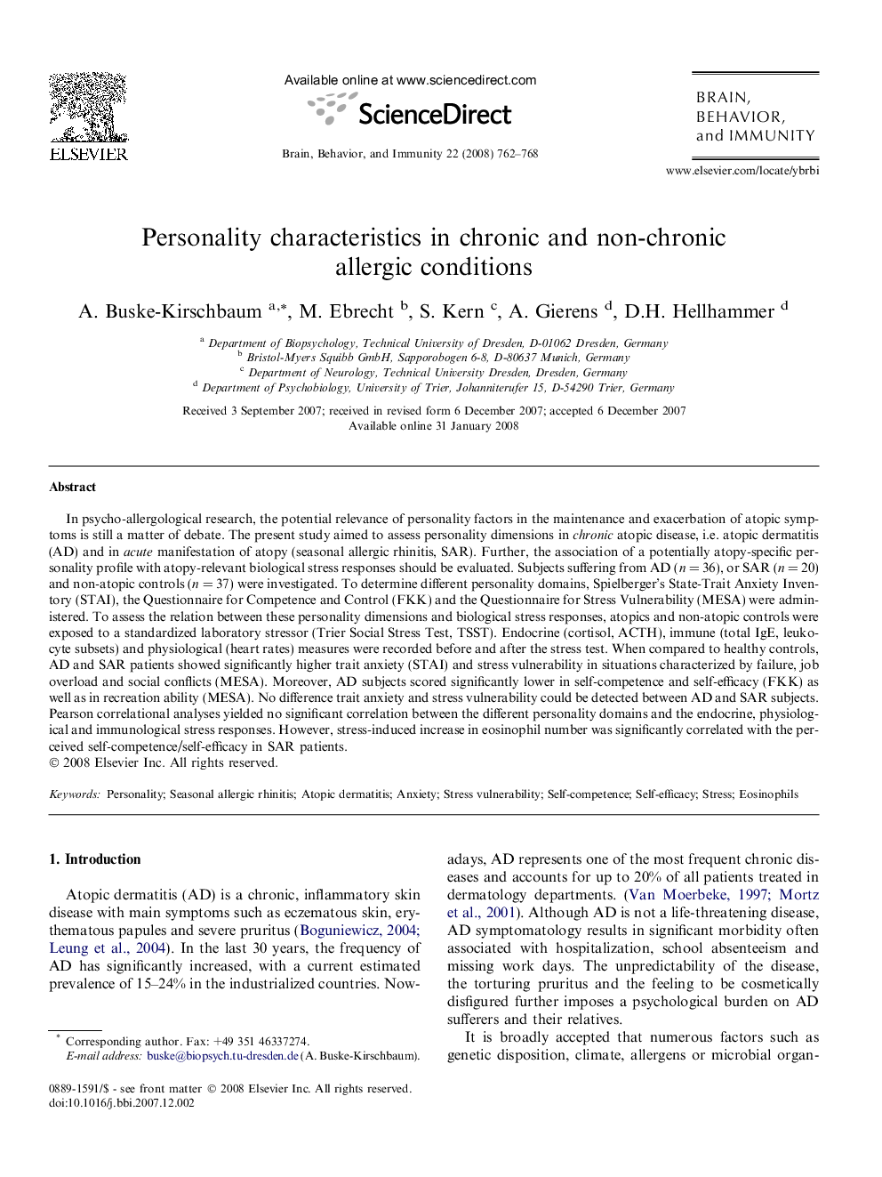 Personality characteristics in chronic and non-chronic allergic conditions