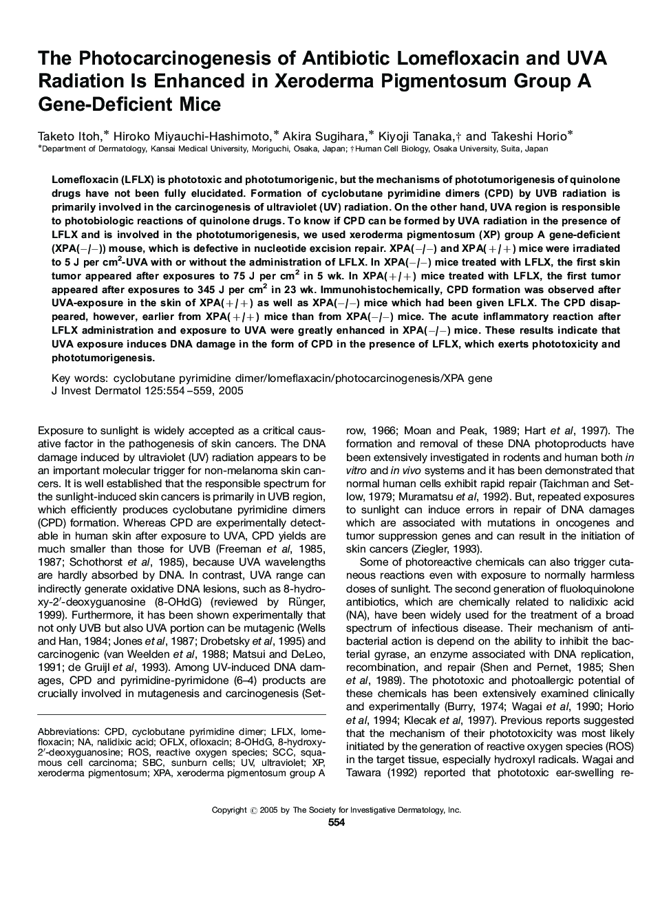 The Photocarcinogenesis of Antibiotic Lomefloxacin and UVA Radiation Is Enhanced in Xeroderma Pigmentosum Group A Gene-Deficient Mice