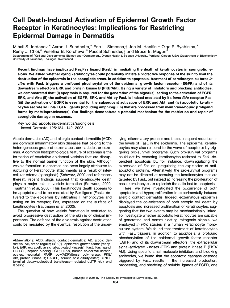 Cell Death-Induced Activation of Epidermal Growth Factor Receptor in Keratinocytes: Implications for Restricting Epidermal Damage in Dermatitis