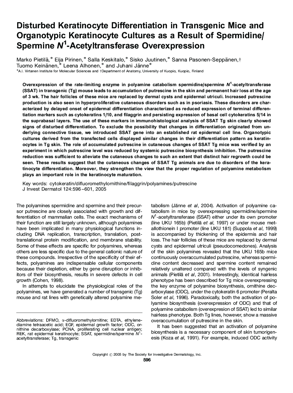 Disturbed Keratinocyte Differentiation in Transgenic Mice and Organotypic Keratinocyte Cultures as a Result of Spermidine/Spermine N1-Acetyltransferase Overexpression