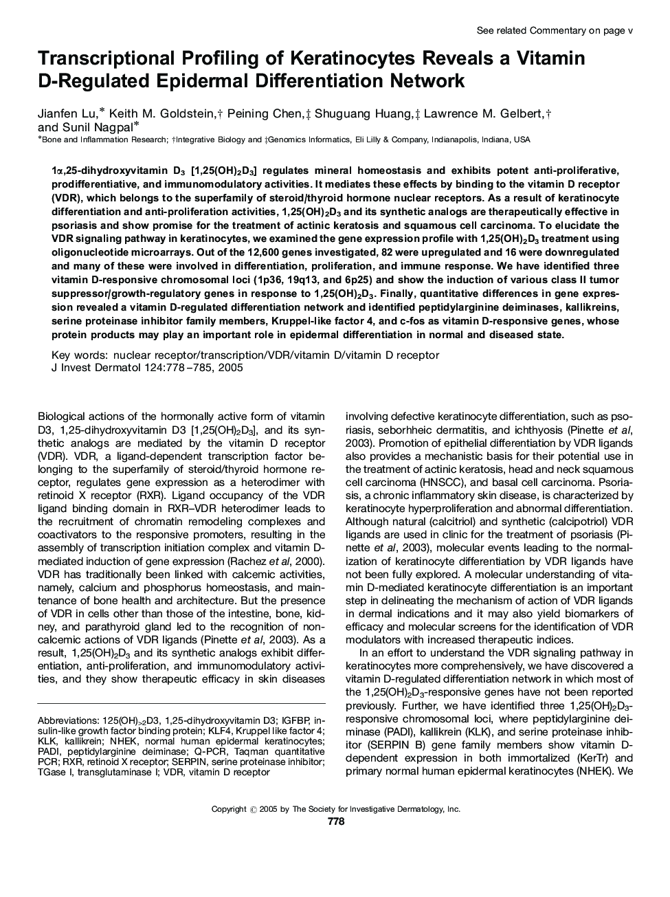 Transcriptional Profiling of Keratinocytes Reveals a Vitamin D-Regulated Epidermal Differentiation Network