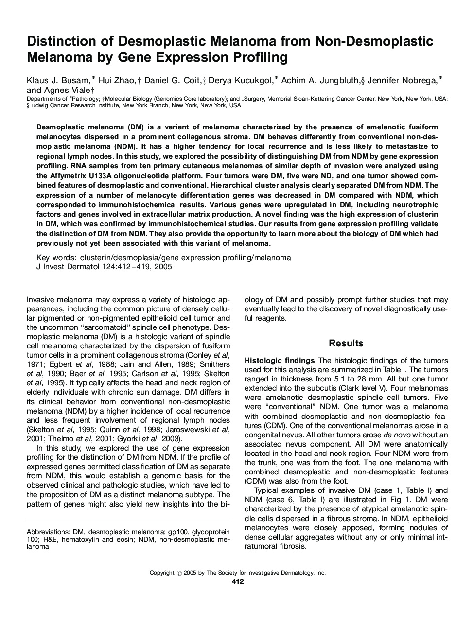 Distinction of Desmoplastic Melanoma from Non-Desmoplastic Melanoma by Gene Expression Profiling