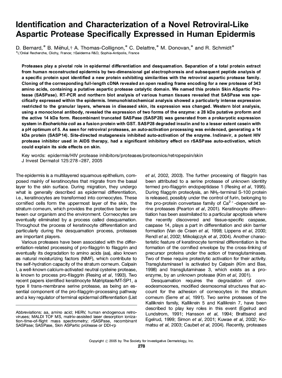 Identification and Characterization of a Novel Retroviral-Like Aspartic Protease Specifically Expressed in Human Epidermis