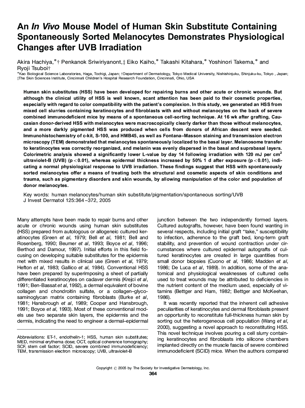 An In Vivo Mouse Model of Human Skin Substitute Containing Spontaneously Sorted Melanocytes Demonstrates Physiological Changes after UVB Irradiation