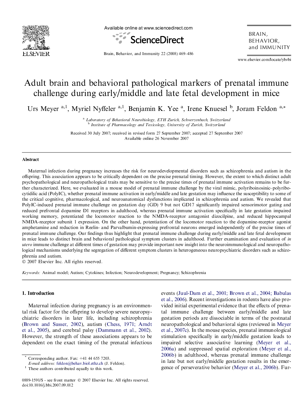 Adult brain and behavioral pathological markers of prenatal immune challenge during early/middle and late fetal development in mice