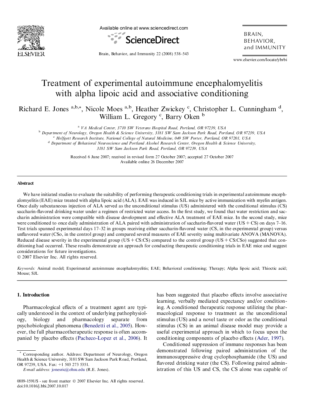 Treatment of experimental autoimmune encephalomyelitis with alpha lipoic acid and associative conditioning