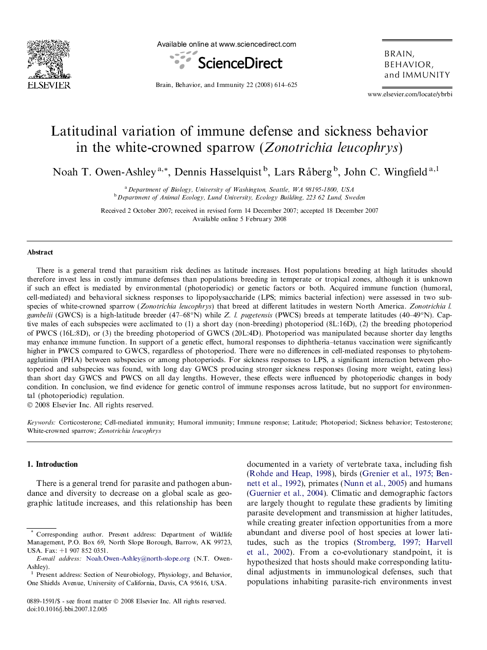 Latitudinal variation of immune defense and sickness behavior in the white-crowned sparrow (Zonotrichia leucophrys)