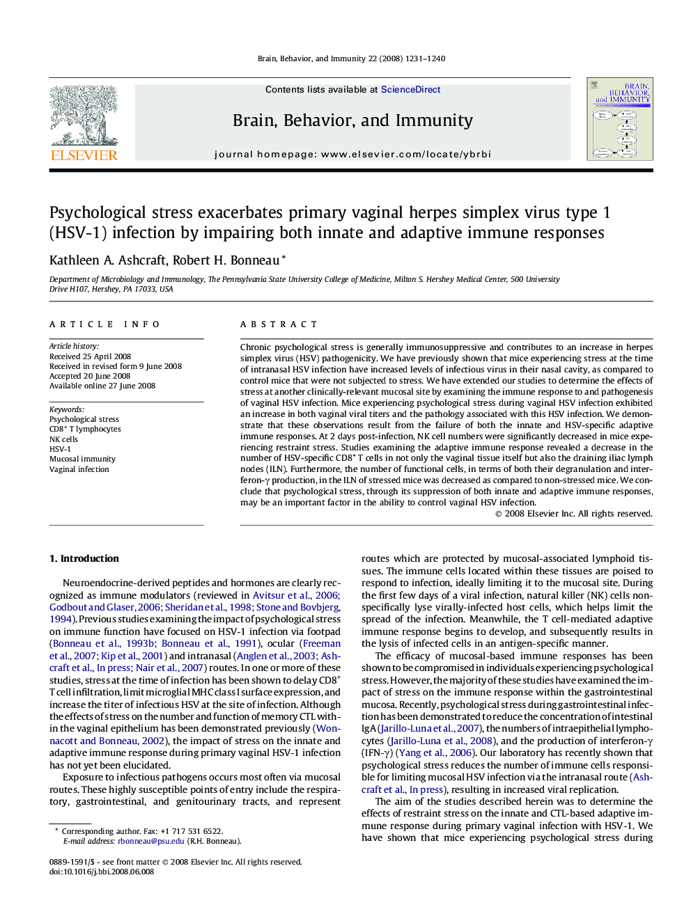 Psychological stress exacerbates primary vaginal herpes simplex virus type 1 (HSV-1) infection by impairing both innate and adaptive immune responses