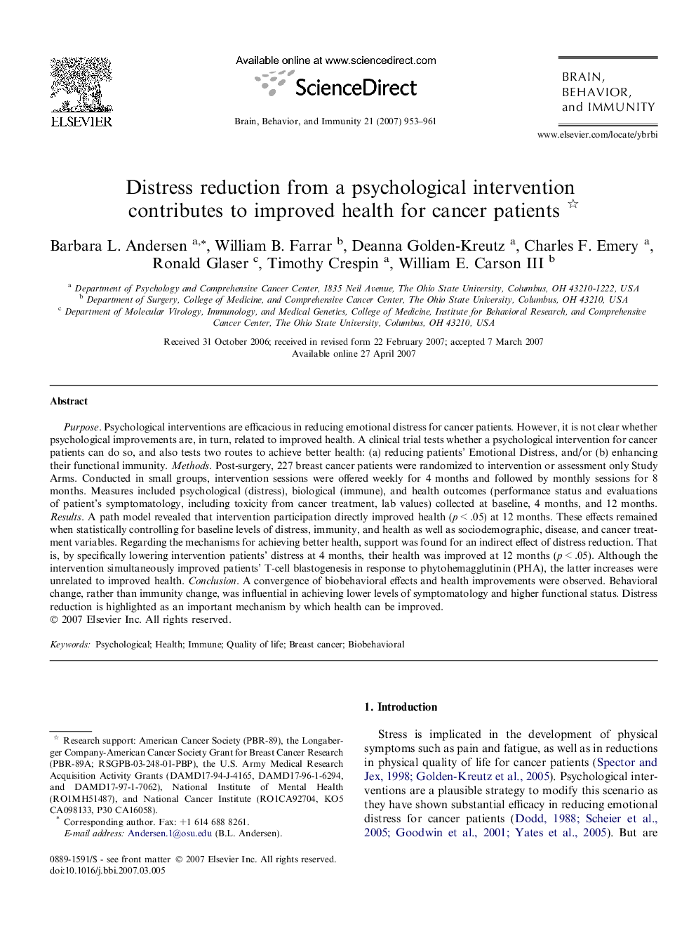 Distress reduction from a psychological intervention contributes to improved health for cancer patients 