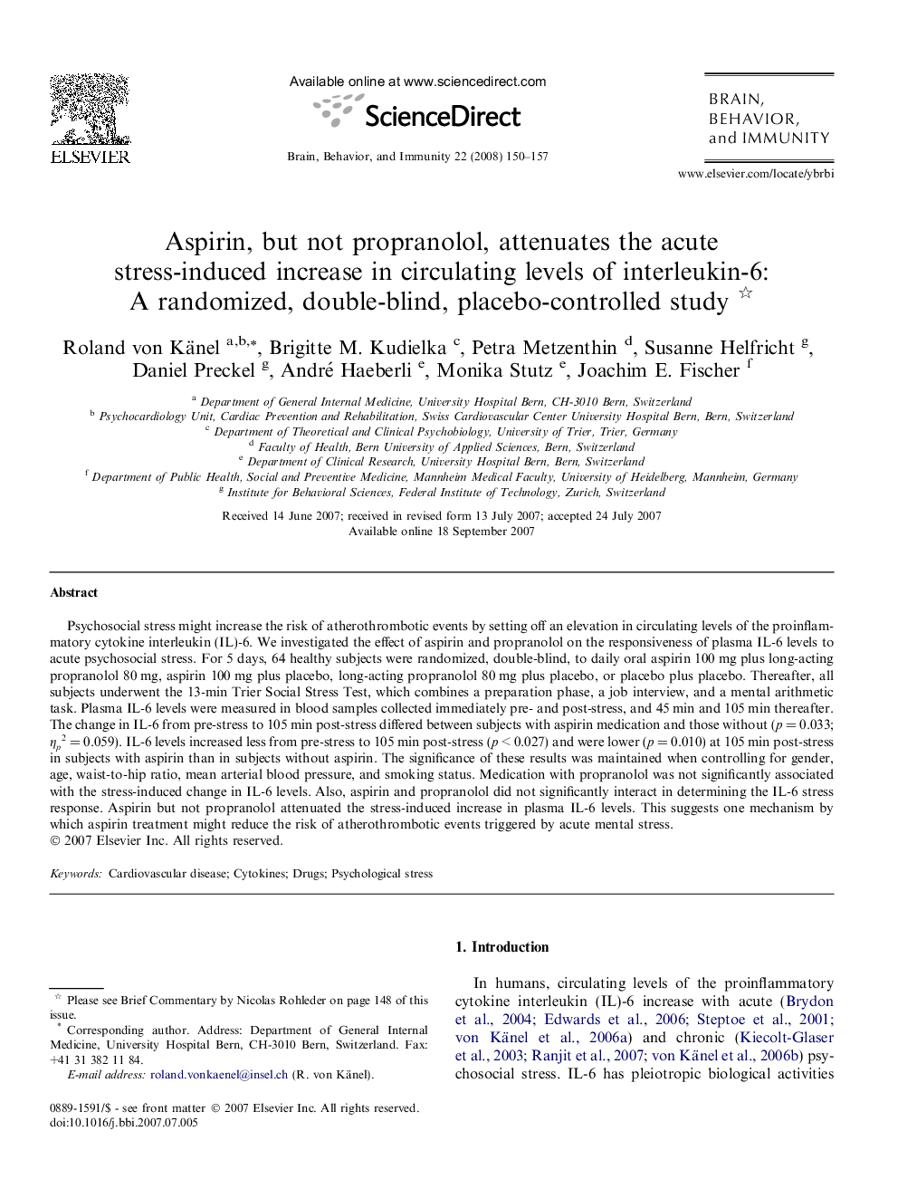 Aspirin, but not propranolol, attenuates the acute stress-induced increase in circulating levels of interleukin-6: A randomized, double-blind, placebo-controlled study 