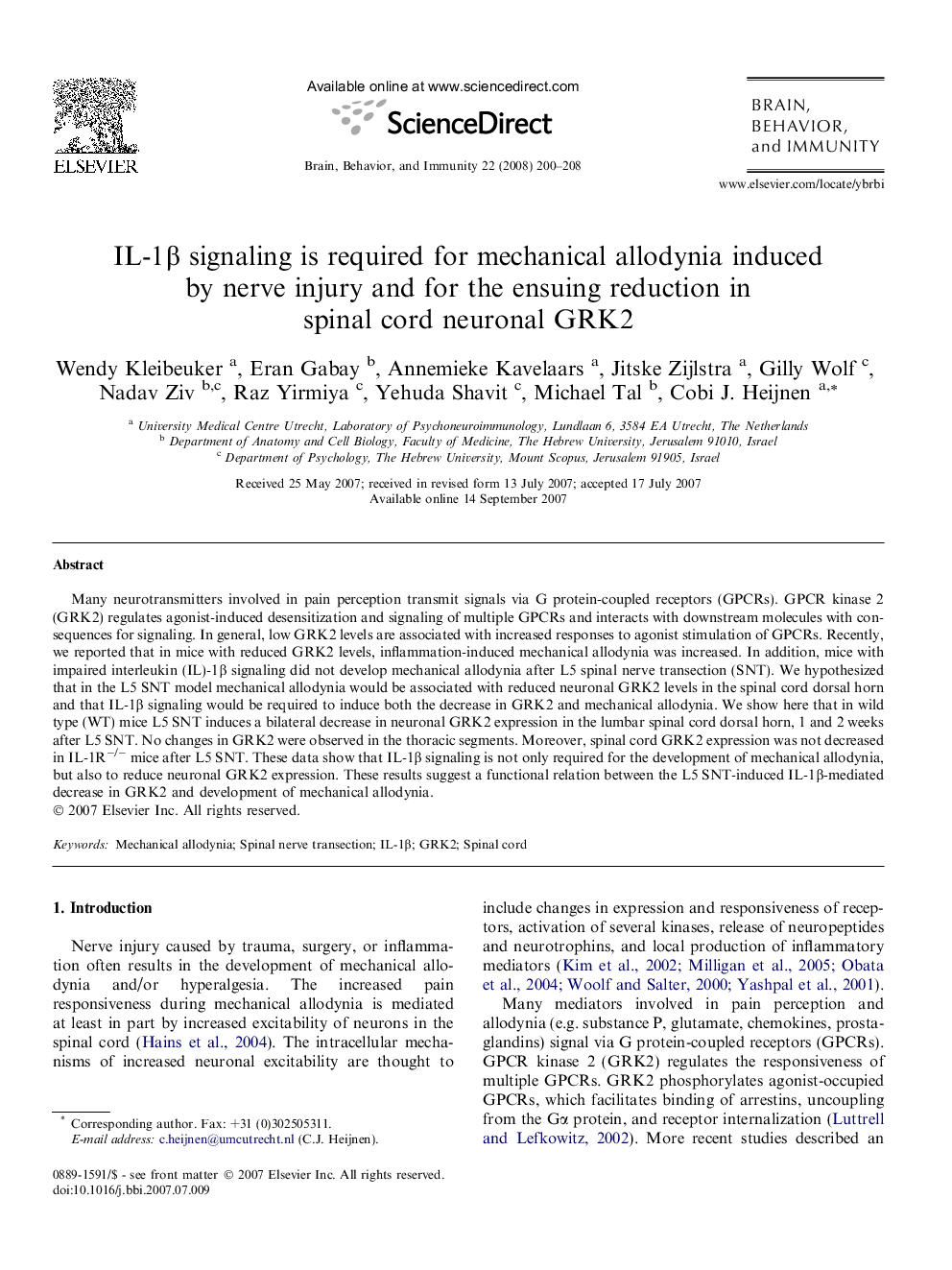 IL-1β signaling is required for mechanical allodynia induced by nerve injury and for the ensuing reduction in spinal cord neuronal GRK2