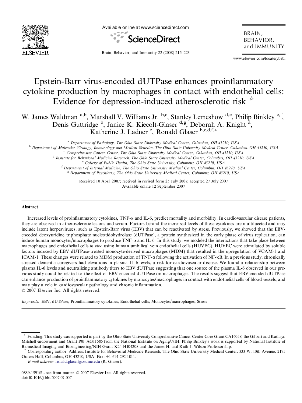 Epstein-Barr virus-encoded dUTPase enhances proinflammatory cytokine production by macrophages in contact with endothelial cells: Evidence for depression-induced atherosclerotic risk 