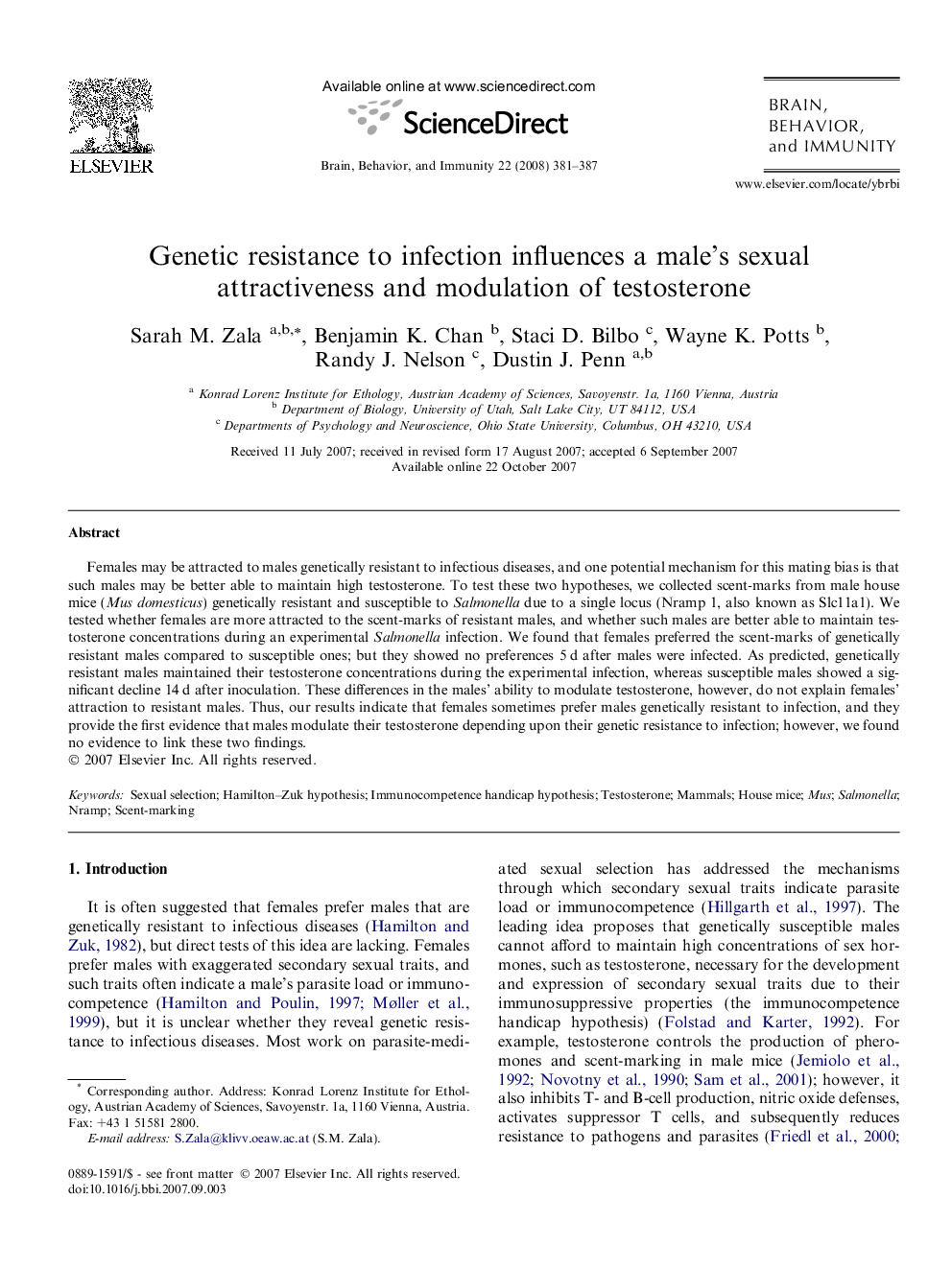 Genetic resistance to infection influences a male’s sexual attractiveness and modulation of testosterone