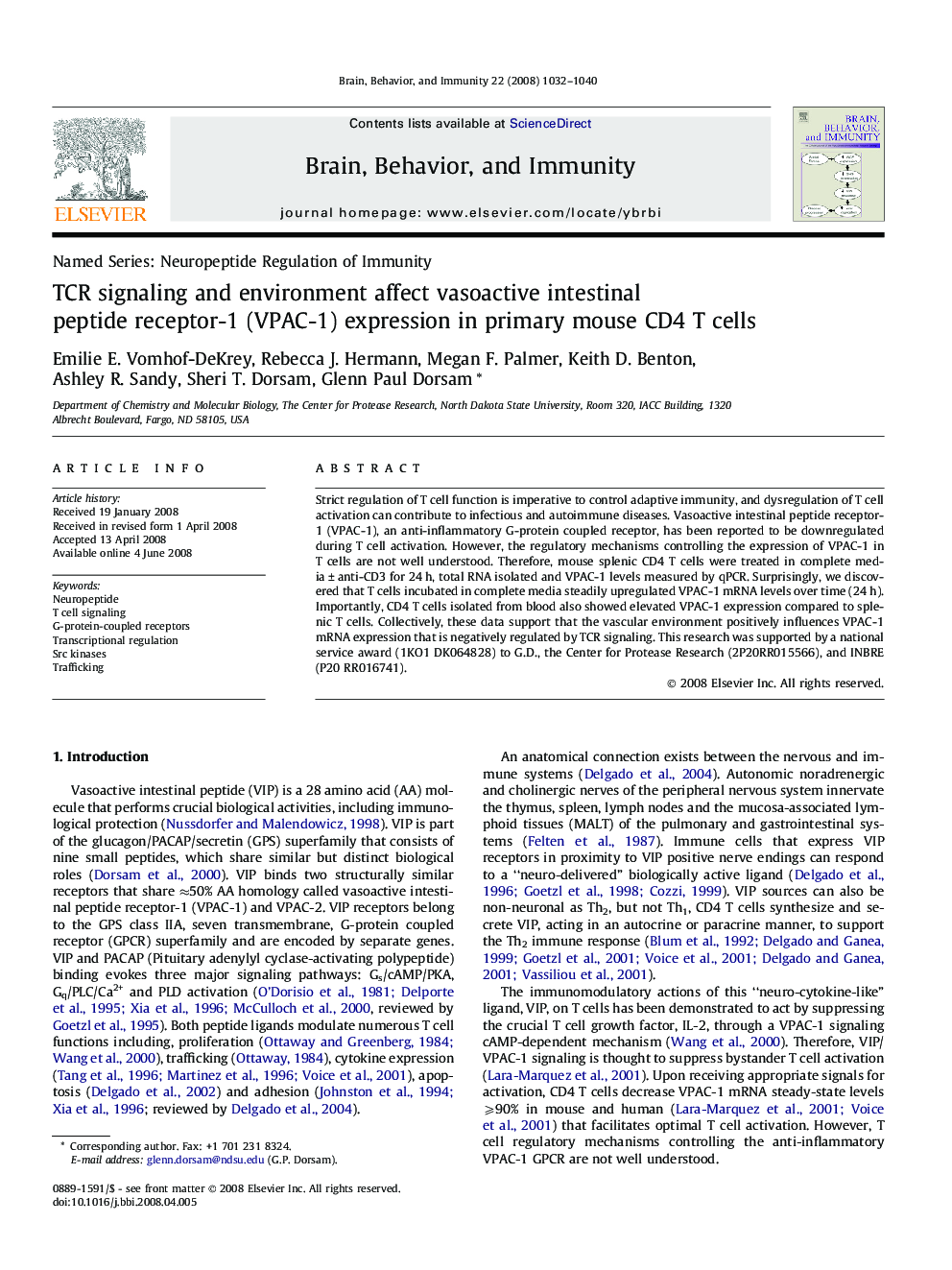 TCR signaling and environment affect vasoactive intestinal peptide receptor-1 (VPAC-1) expression in primary mouse CD4 T cells