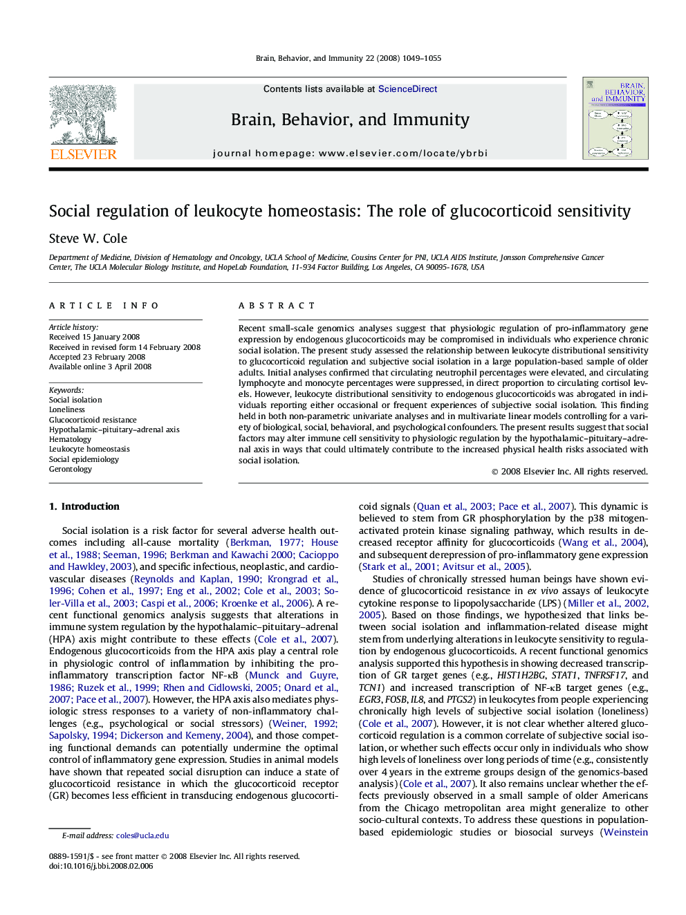 Social regulation of leukocyte homeostasis: The role of glucocorticoid sensitivity