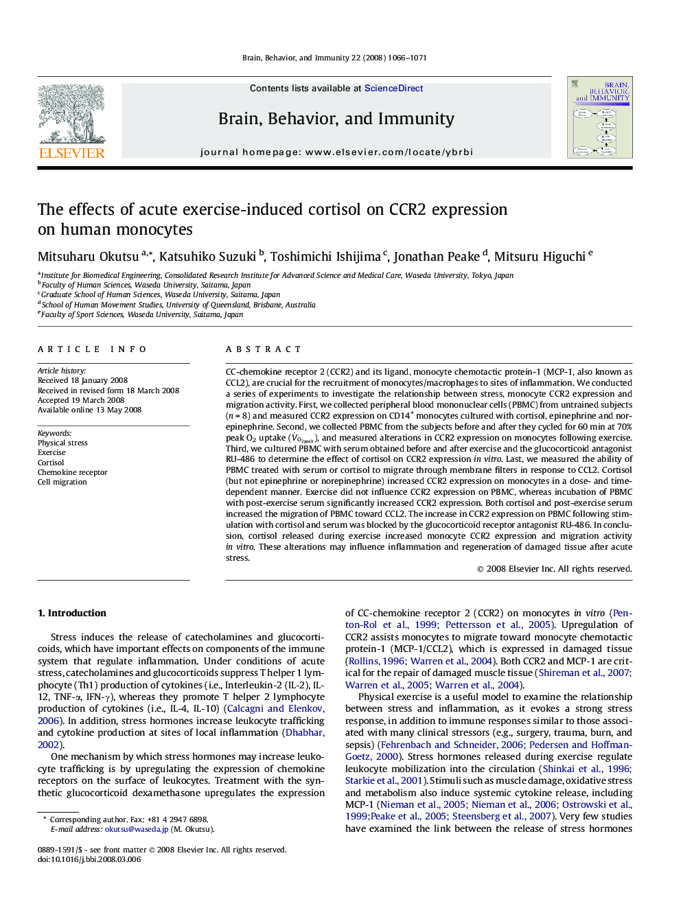 The effects of acute exercise-induced cortisol on CCR2 expression on human monocytes