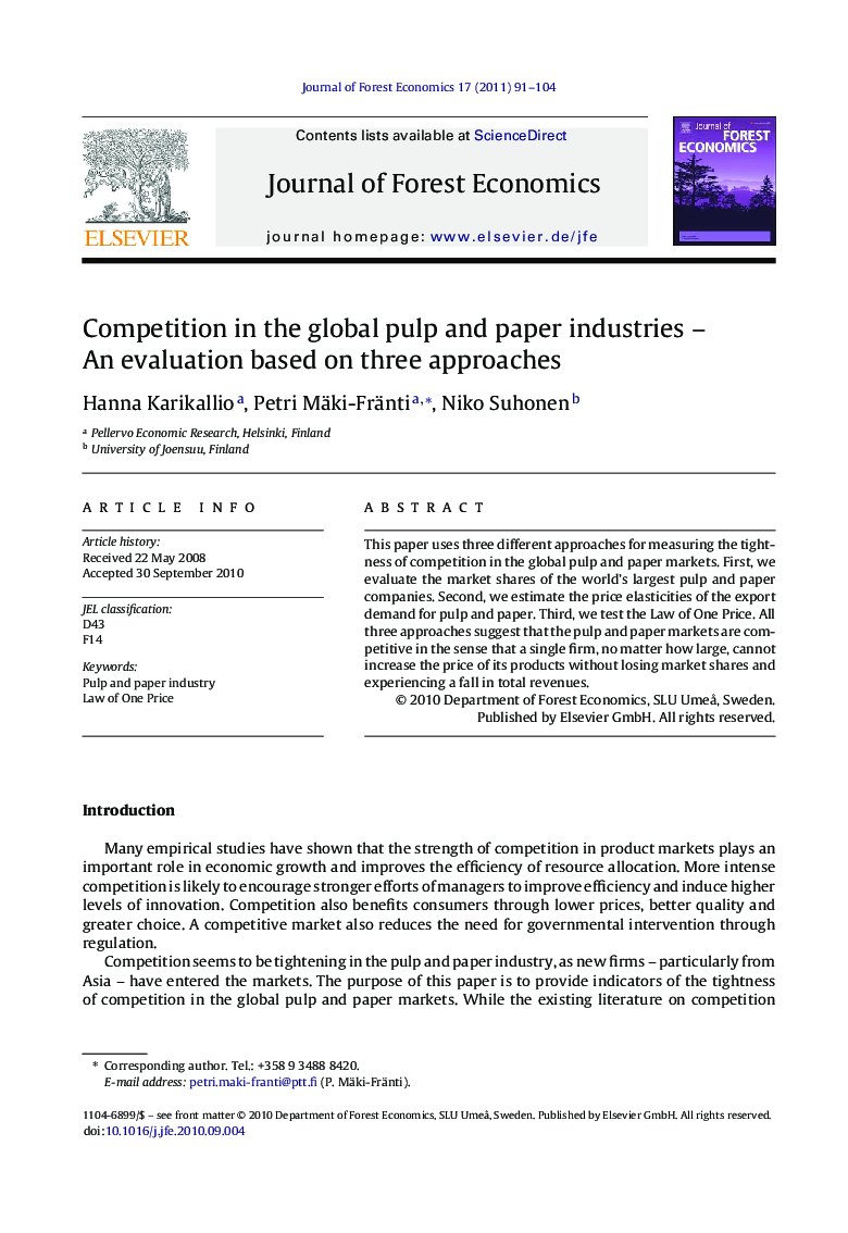 Competition in the global pulp and paper industries – An evaluation based on three approaches