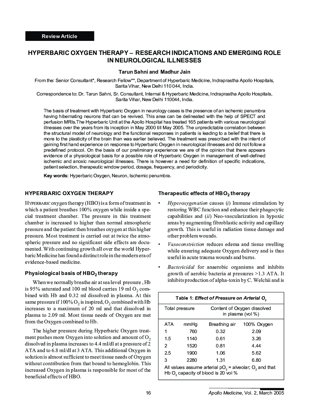 Hyperbaric Oxygen Therapy - Research Indications and Emerging Role in Neurological Illnesses