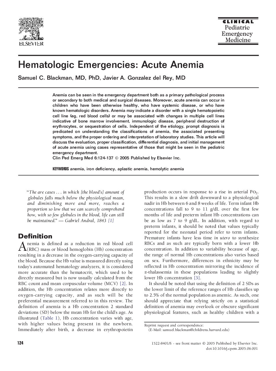 Hematologic Emergencies: Acute Anemia