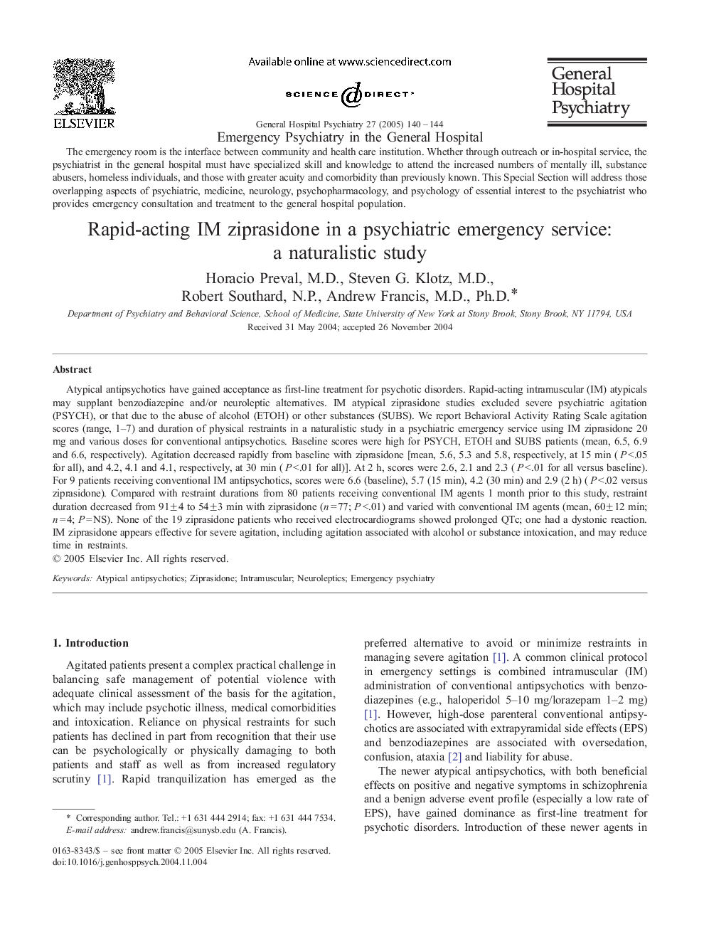 Rapid-acting IM ziprasidone in a psychiatric emergency service: a naturalistic study