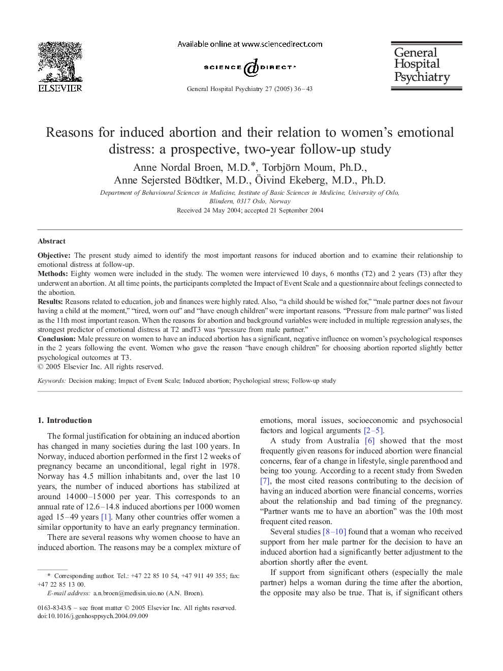 Reasons for induced abortion and their relation to women's emotional distress: a prospective, two-year follow-up study