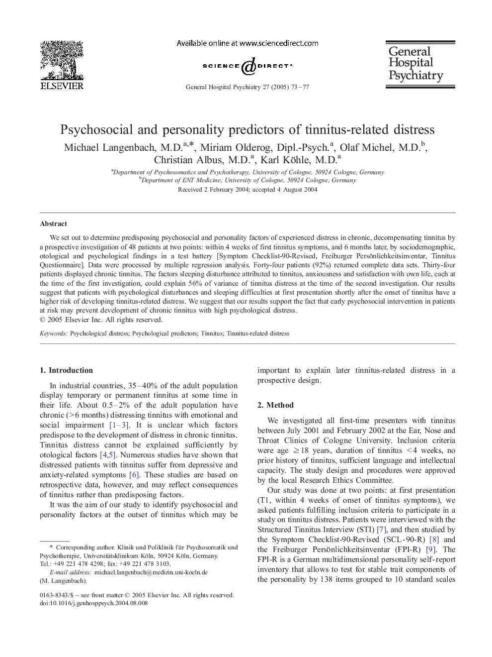 Psychosocial and personality predictors of tinnitus-related distress