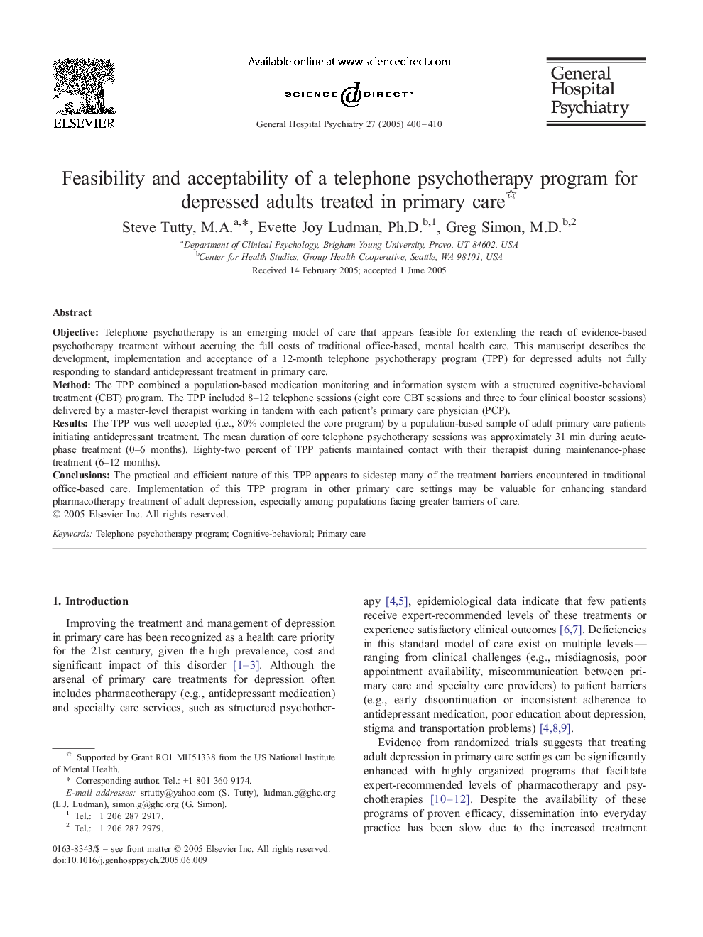 Feasibility and acceptability of a telephone psychotherapy program for depressed adults treated in primary care