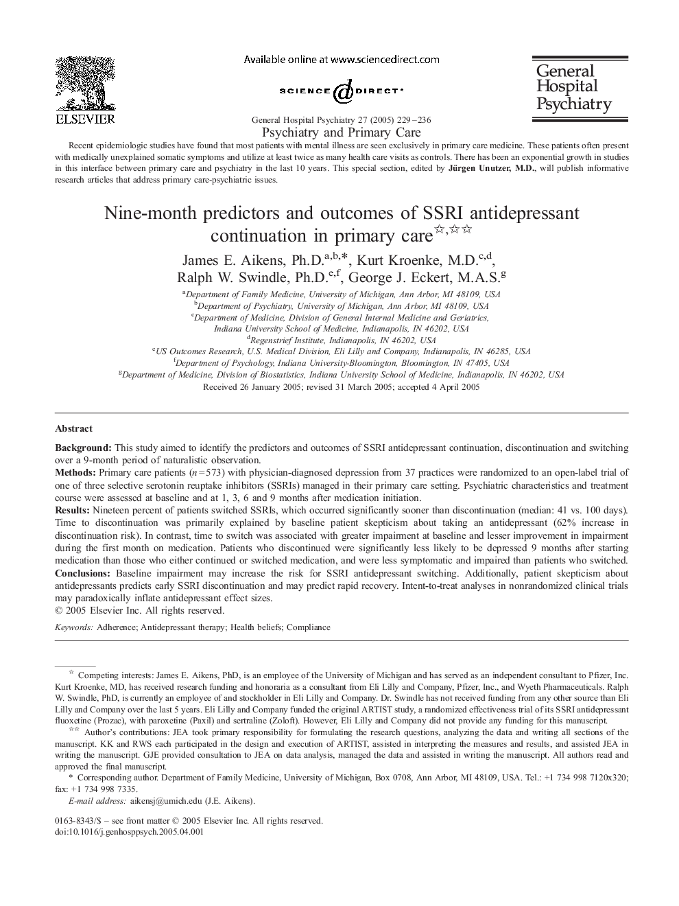 Nine-month predictors and outcomes of SSRI antidepressant continuation in primary care