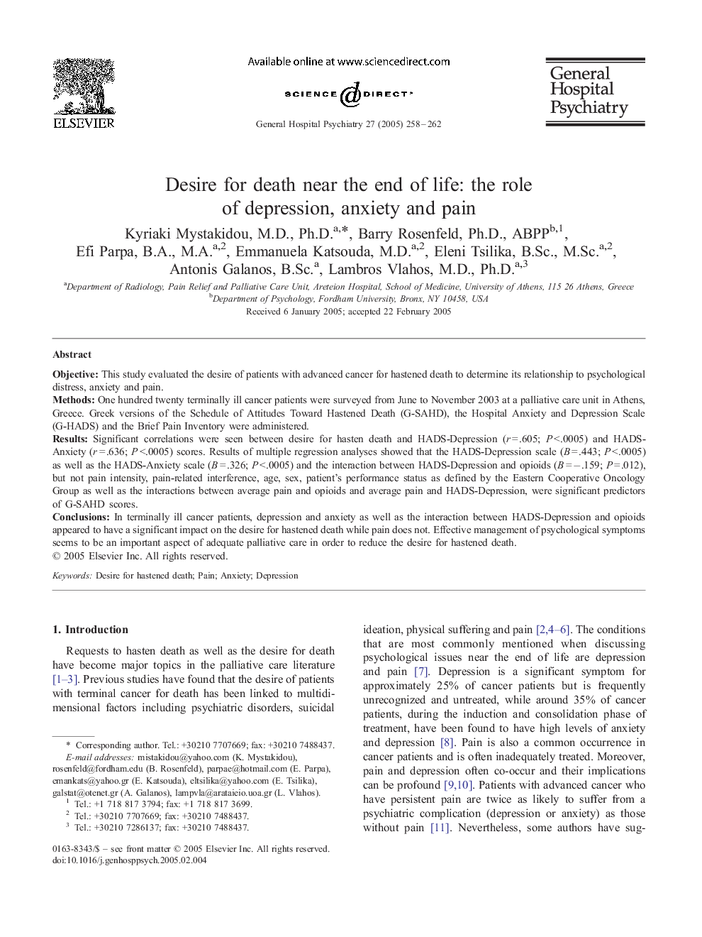 Desire for death near the end of life: the role of depression, anxiety and pain