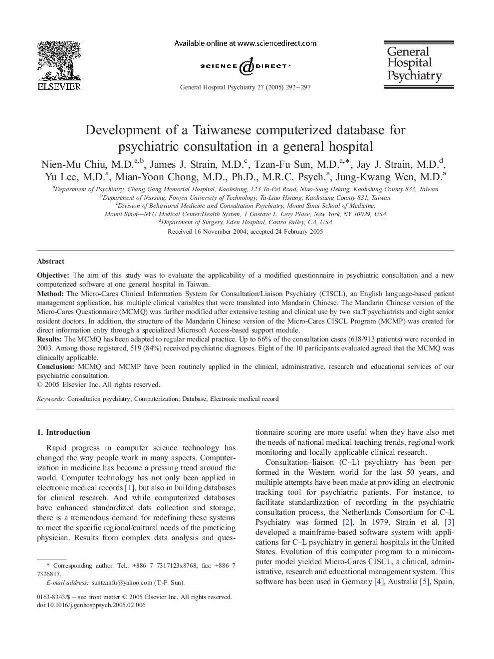 Development of a Taiwanese computerized database for psychiatric consultation in a general hospital