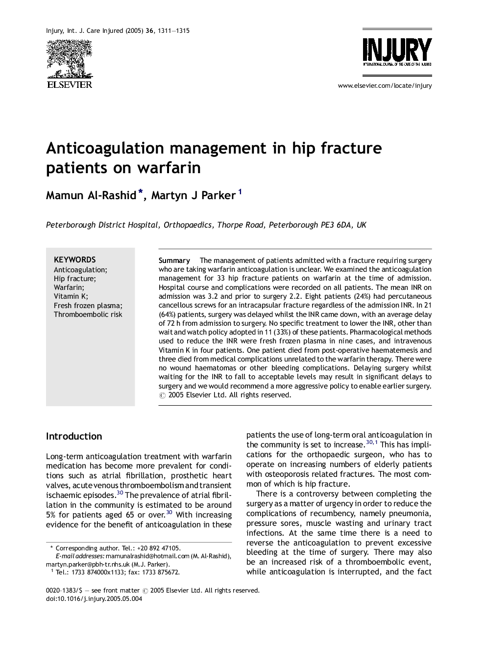 Anticoagulation management in hip fracture patients on warfarin